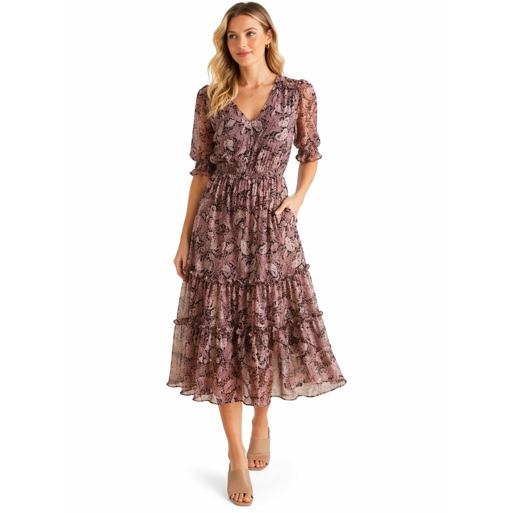 Roan‎ + Ryan Dress Womens XS Cottagecore Floral Maxi Tiered Puff Sleeve Rayon